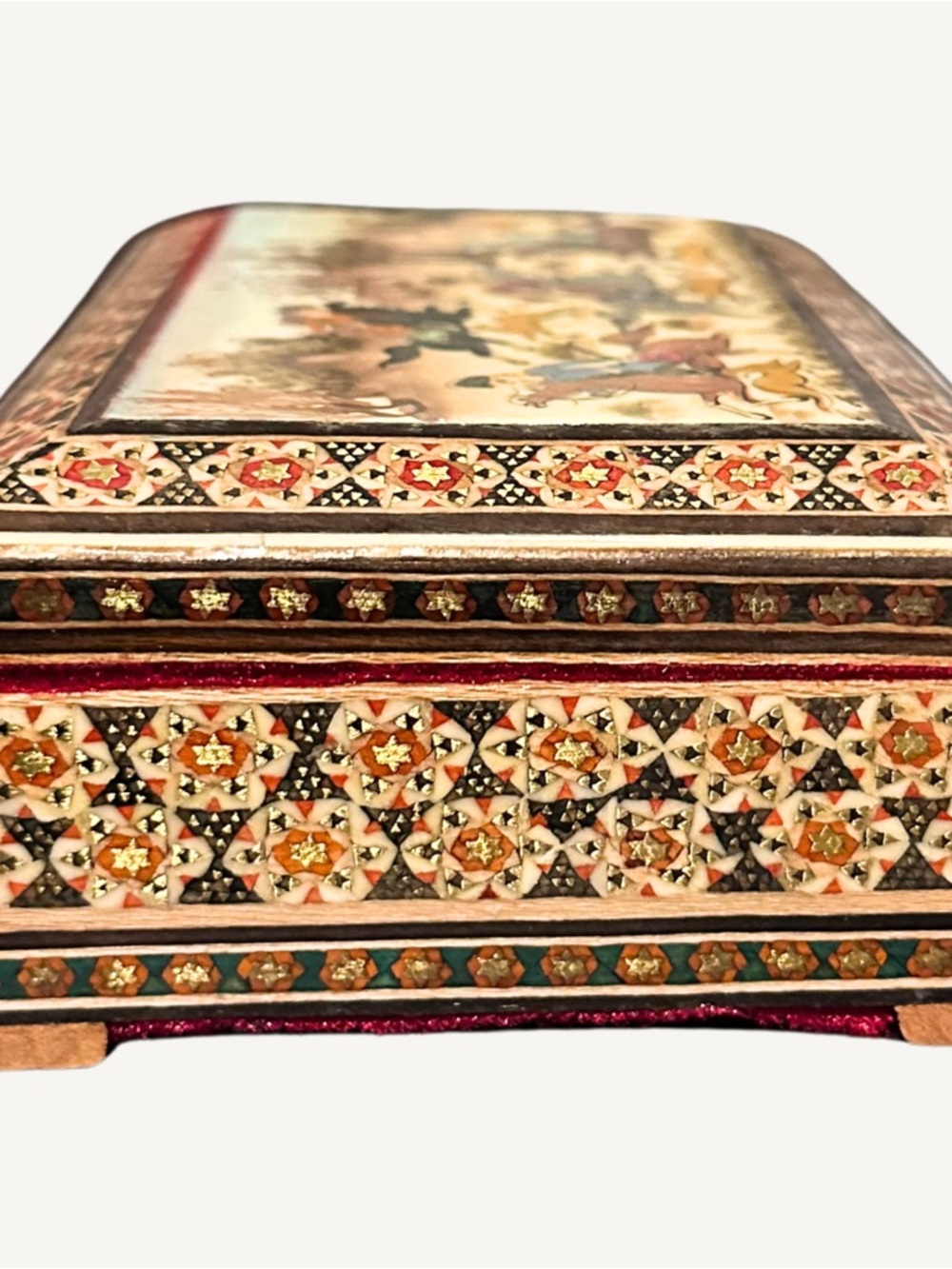Antique Hand Painted Khatam Kari Persian Wood Micro Mosaic Inlay Hinged Box - Picture 7 of 10